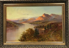 Scottish Highland Loch at Sunset signed antique oil painting Beautiful Landscape