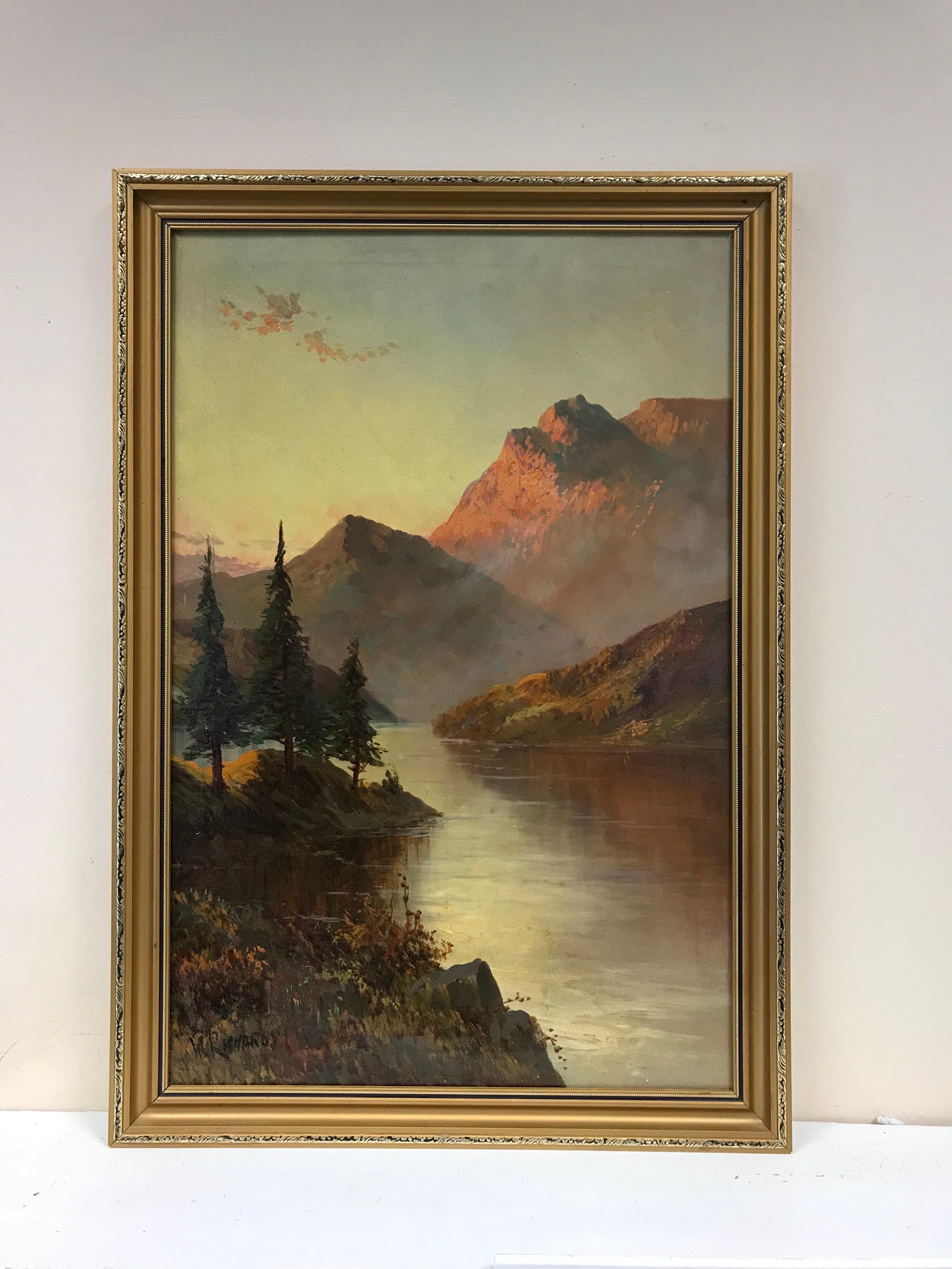 Scottish Highland Loch Scene at Sunset, signed antique oil painting - Painting by Francis E. Jamieson