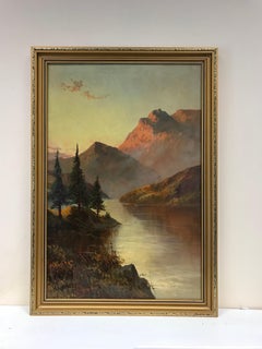 Peinture à l'huile ancienne signée représentant une scène de Loch dans le Highland écossais au coucher du soleil