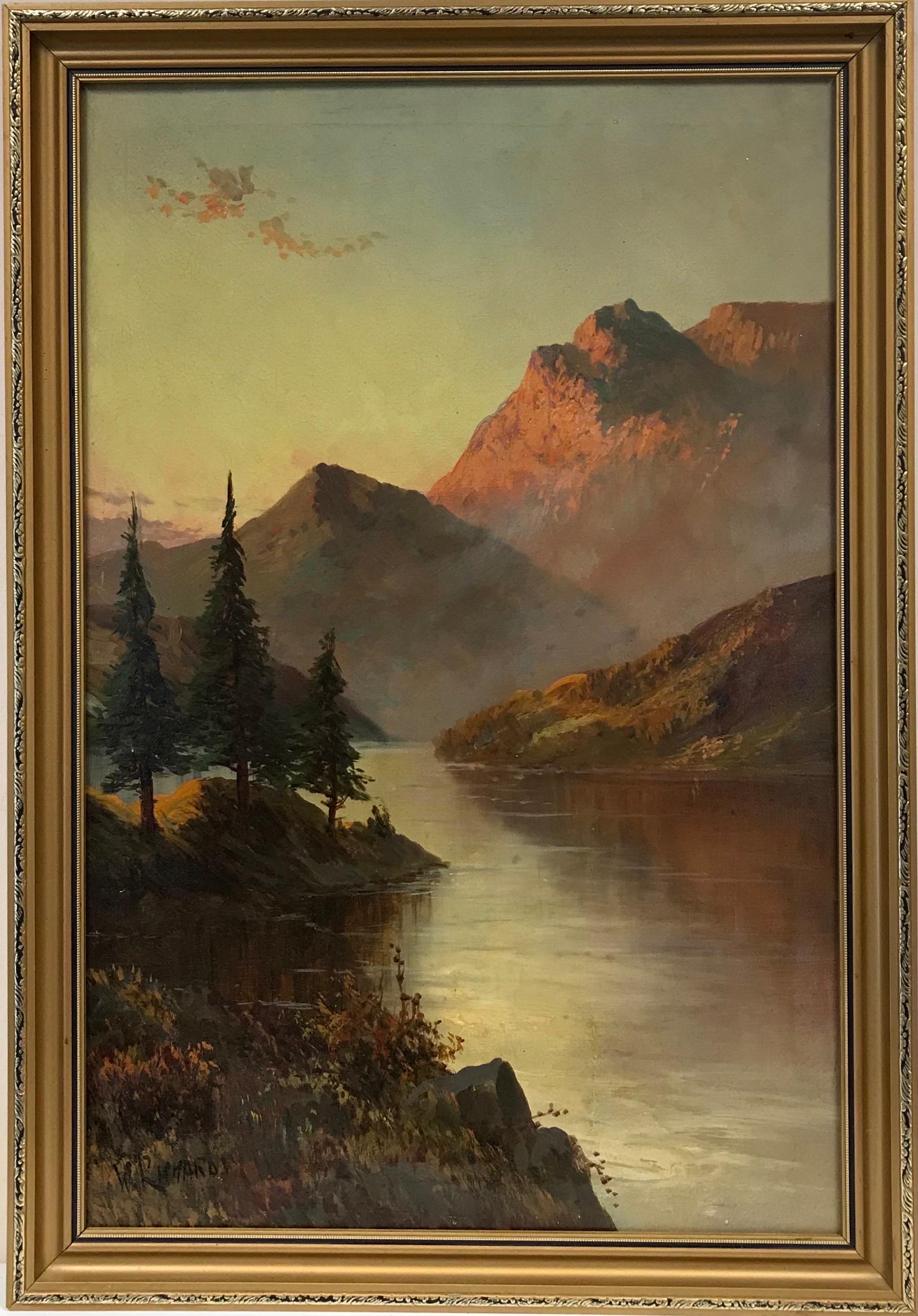 Francis E. Jamieson Landscape Painting - Scottish Highland Loch Scene at Sunset, signed antique oil painting