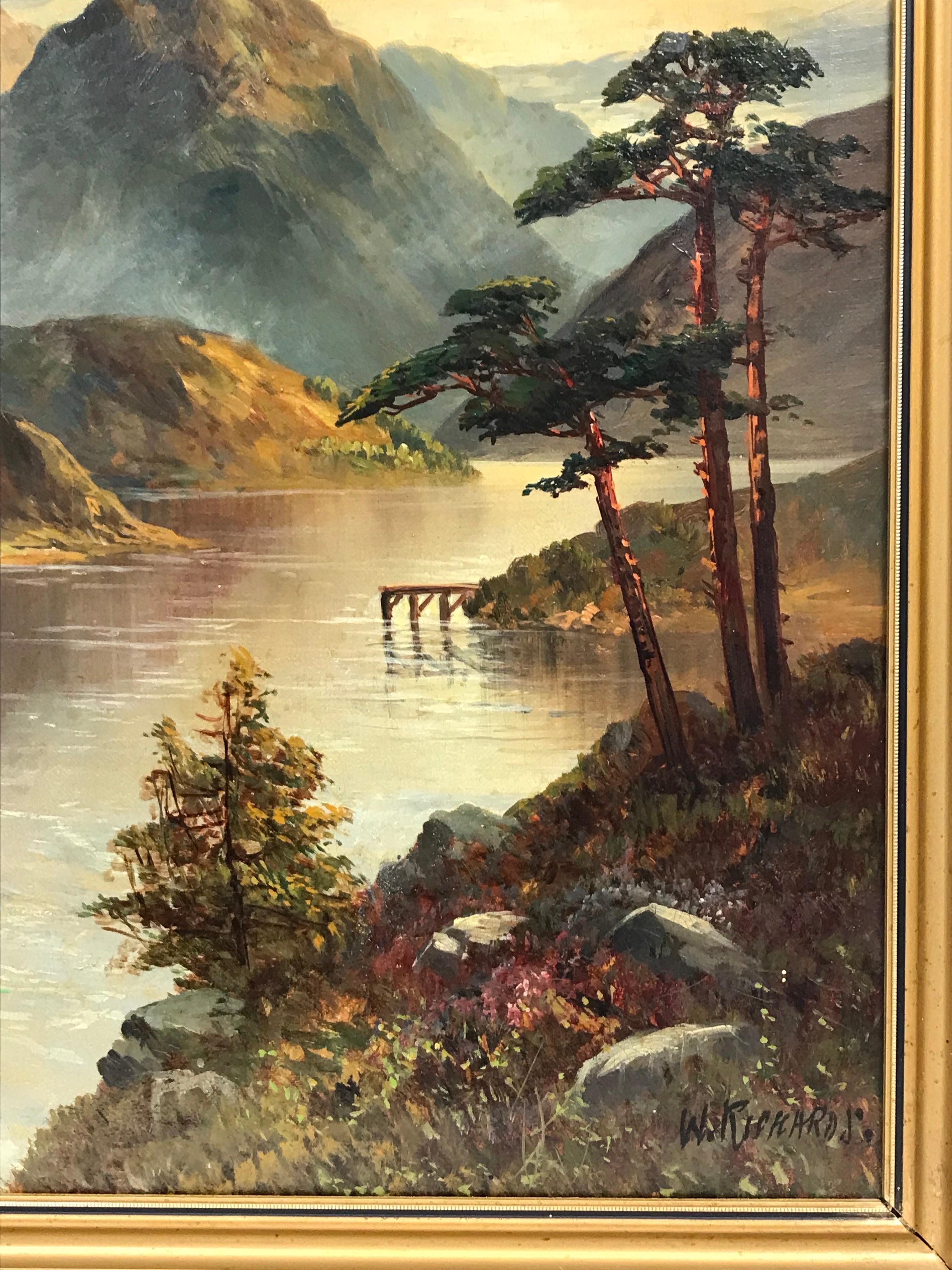Loch delle Highlands scozzesi al chiaro di luna, dipinto ad olio d'epoca firmato - Painting Vittoriano di Francis E. Jamieson