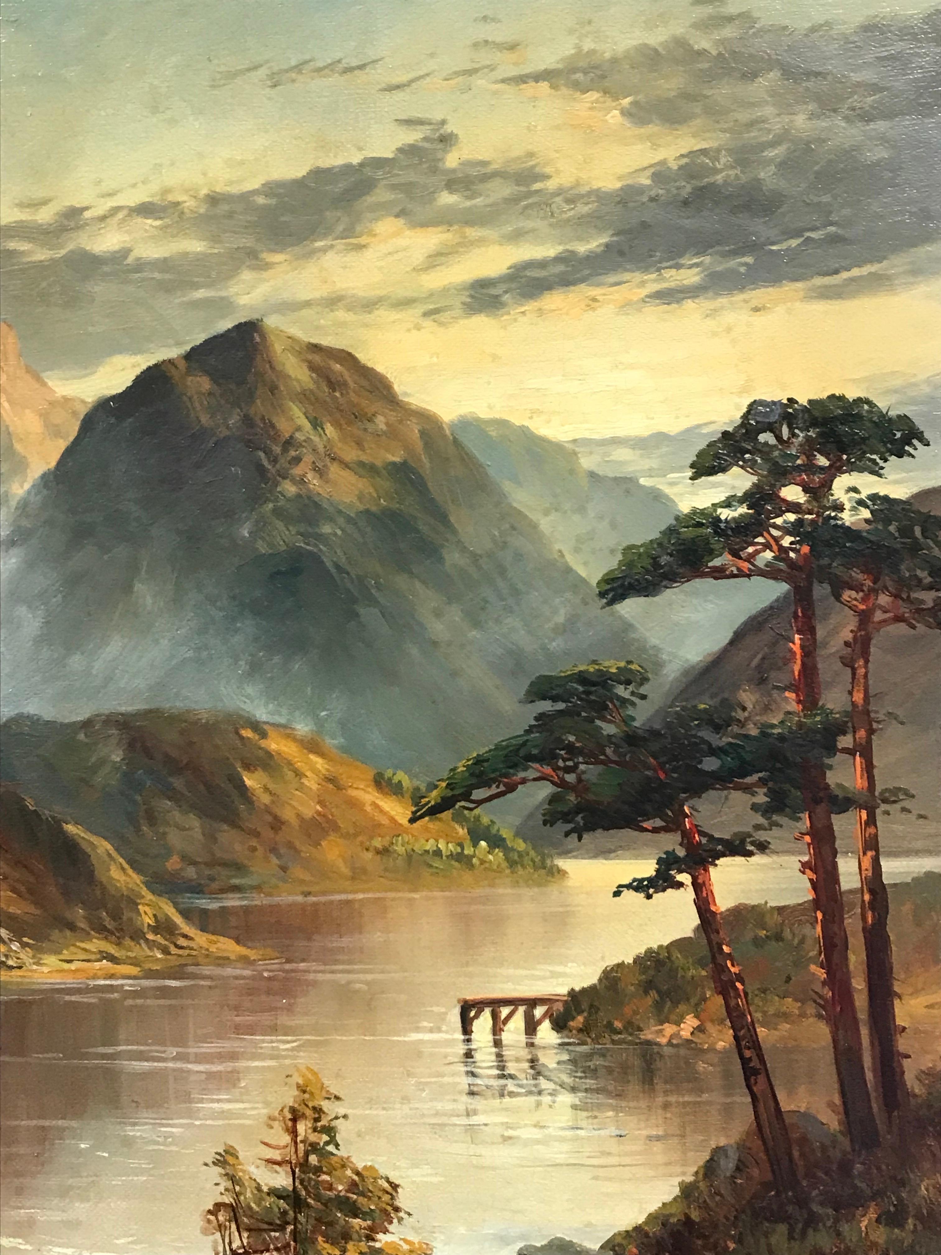 Loch delle Highlands scozzesi al chiaro di luna, dipinto ad olio d'epoca firmato - Landscape Painting Marrone di Francis E. Jamieson