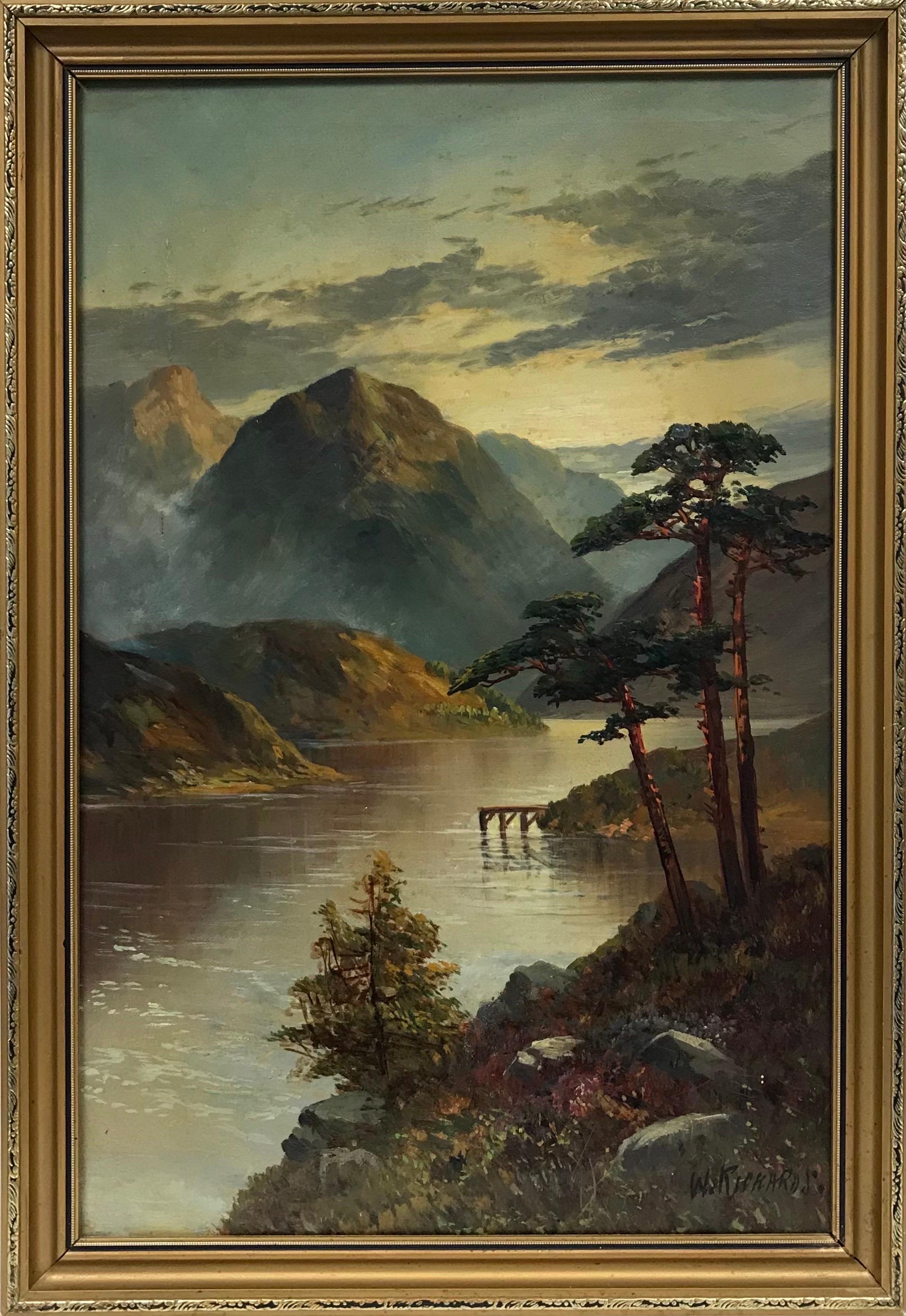 Landscape Painting di Francis E. Jamieson - Loch delle Highlands scozzesi al chiaro di luna, dipinto ad olio d'epoca firmato