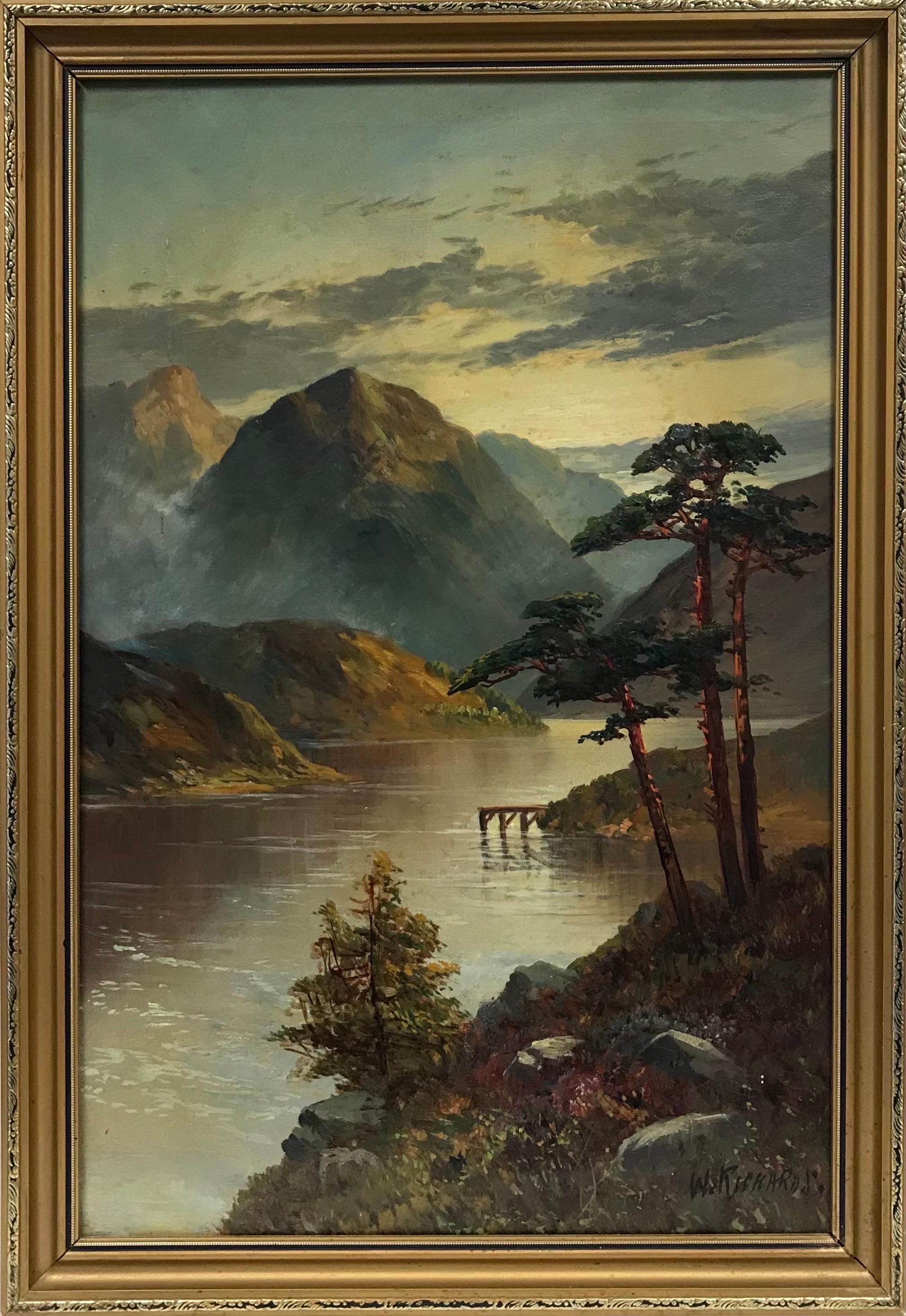 Francis E. Jamieson Landscape Painting - Scottish Highland Loch under Atmospheric Moonlight, signed antique oil painting