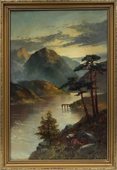 Peinture à l'huile ancienne signée Scottish Highland Loch sous le clair de lune atmosphérique