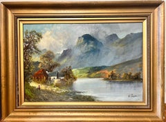 Scottish Highlands Antique Oil Painting Figure by Cottage Loch Landscape