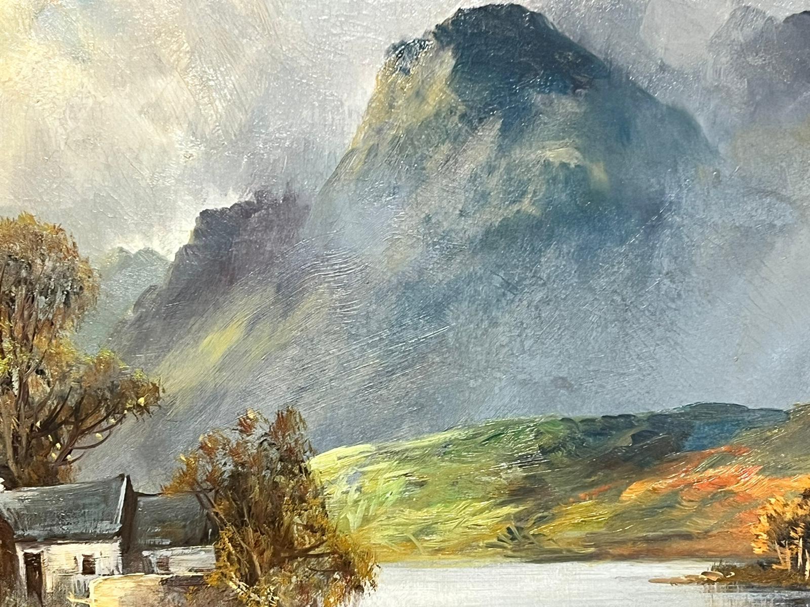 Scottish Highlands Antique Oil Painting Figure by Cottage Loch Landscape For Sale 1