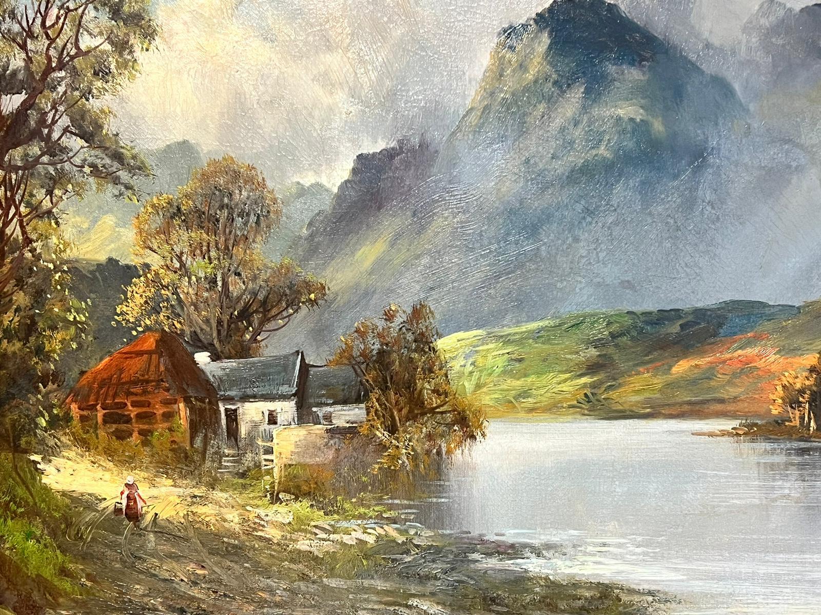 Scottish Highlands Antique Oil Painting Figure by Cottage Loch Landscape For Sale 3