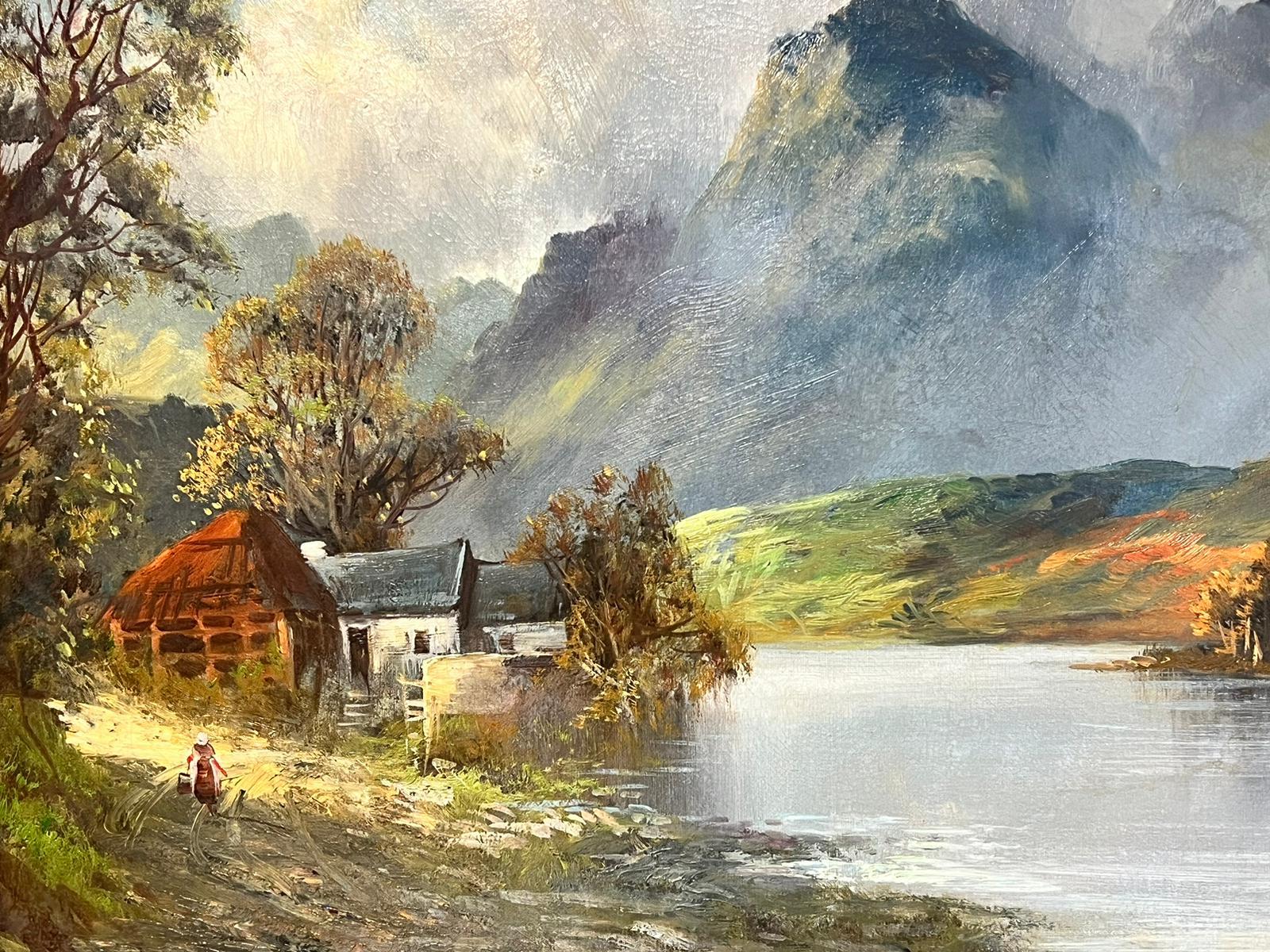 Scottish Highlands Antique Oil Painting Figure by Cottage Loch Landscape For Sale 4