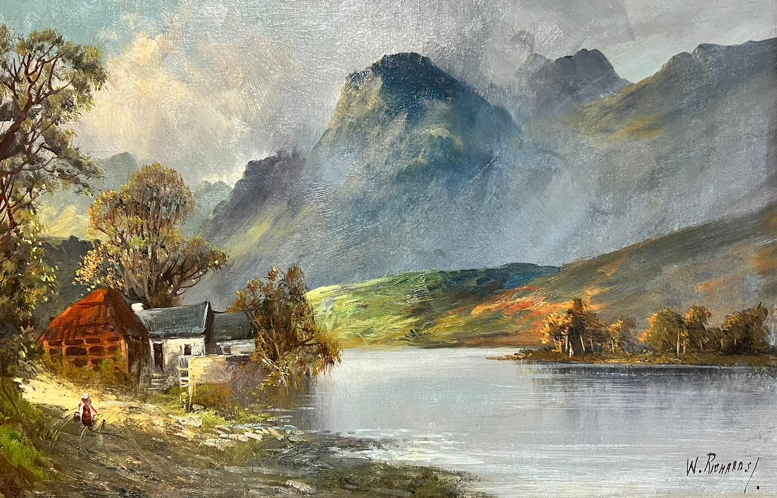 Francis E. Jamieson Landscape Painting - Scottish Highlands Antique Oil Painting Figure by Cottage Loch Landscape