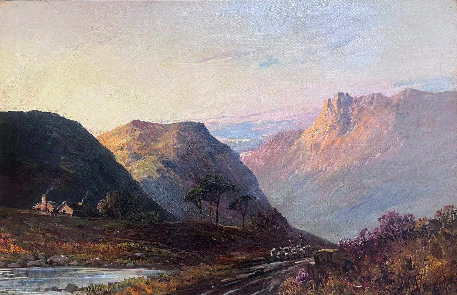 Scottish Highlands Antique Oil Painting Shepherd & Sheep at Sunset Mountain Glen - Brown Landscape Painting by Francis E. Jamieson