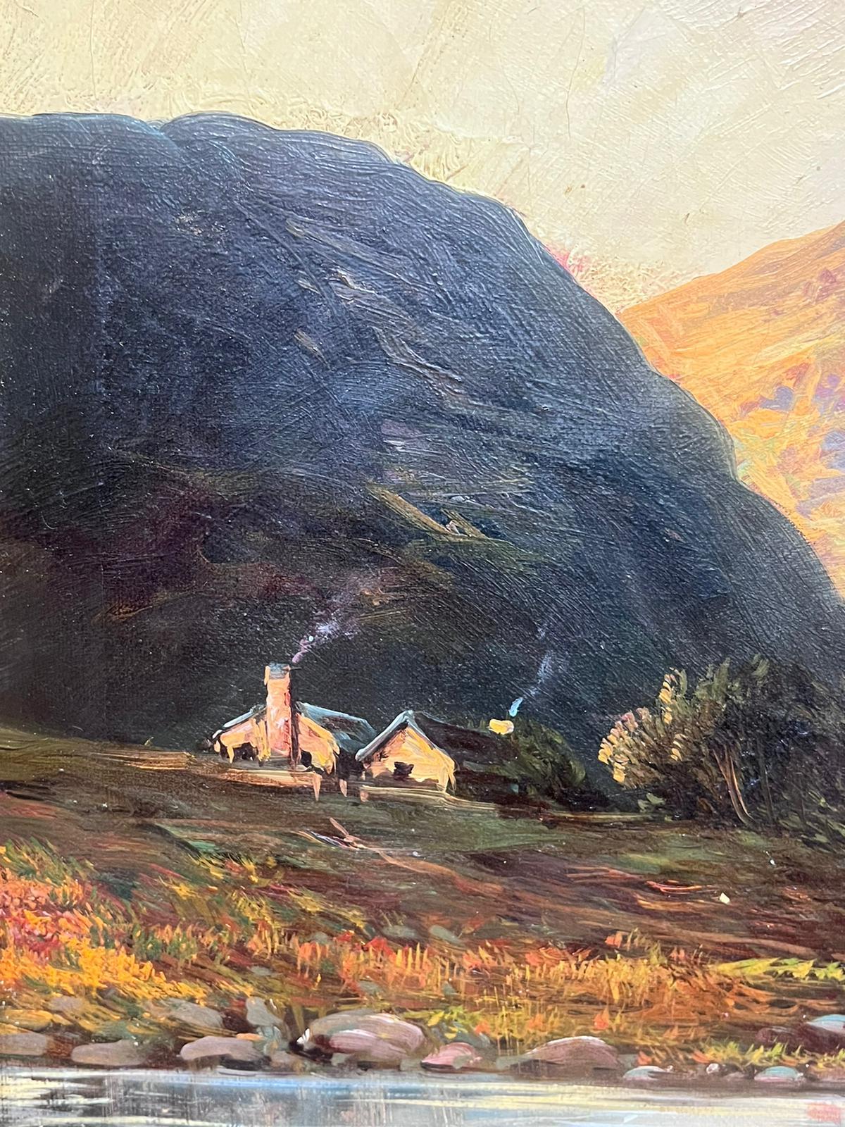 Scottish Highlands Antique Oil Painting Shepherd & Sheep at Sunset Mountain Glen 3