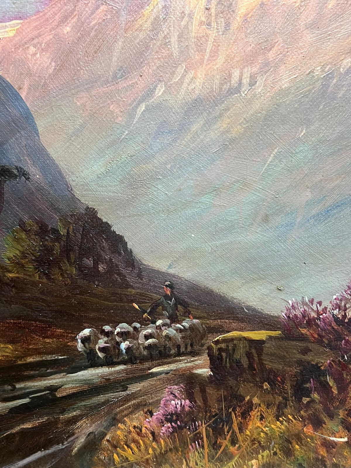 Scottish Highlands Antique Oil Painting Shepherd & Sheep at Sunset Mountain Glen 5