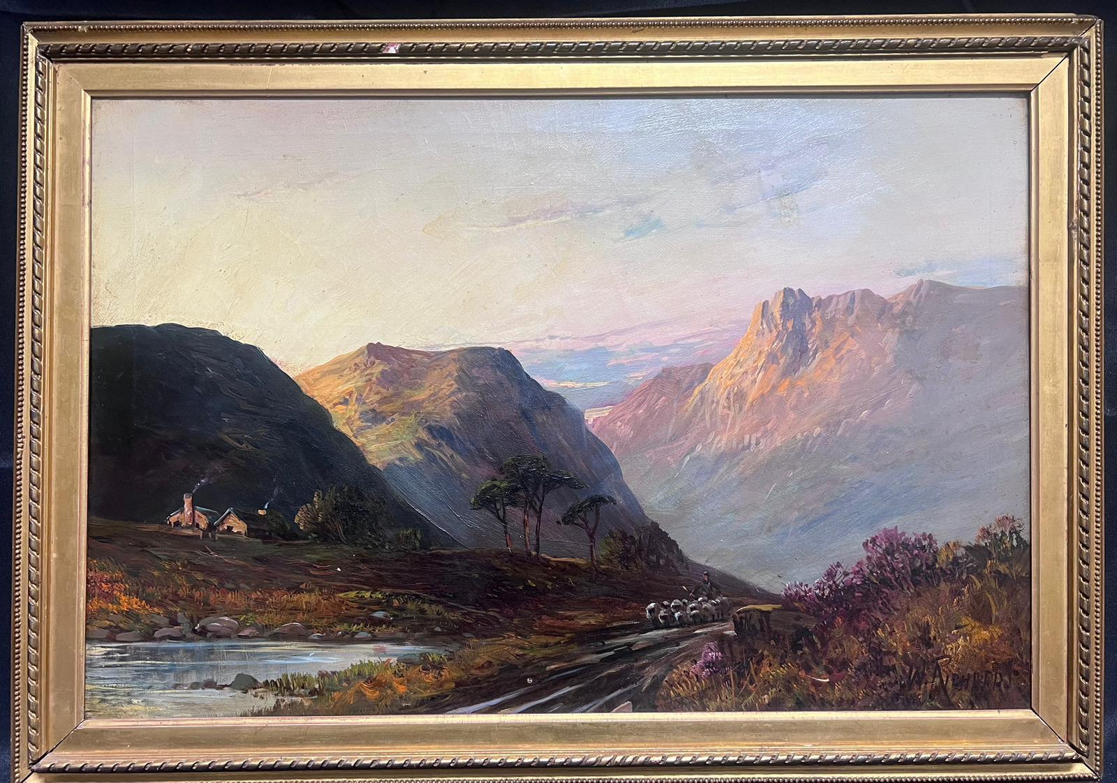 Francis E. Jamieson Landscape Painting - Scottish Highlands Antique Oil Painting Shepherd & Sheep at Sunset Mountain Glen