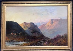Scottish Highlands Antique Oil Painting Shepherd & Sheep at Sunset Mountain Glen