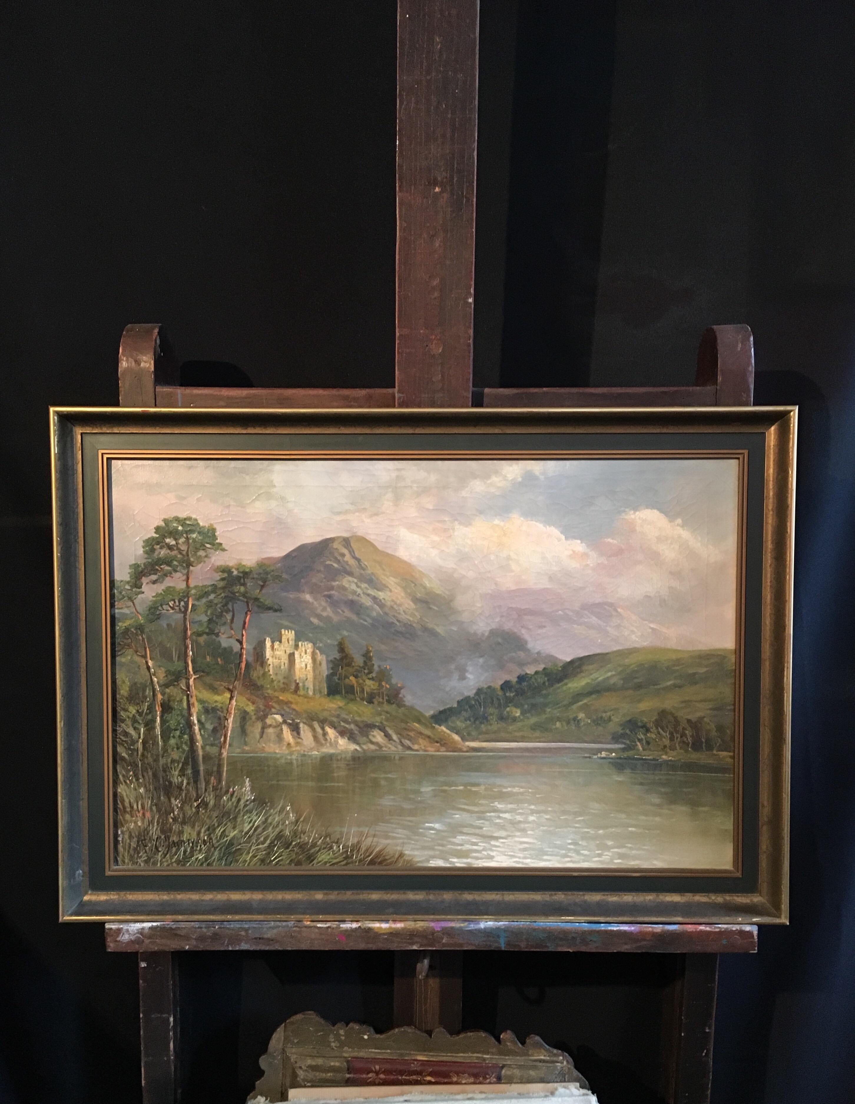 Scottish Highlands Loch Scene with Ancient Castle, signed antique oil painting - Painting by Francis E. Jamieson