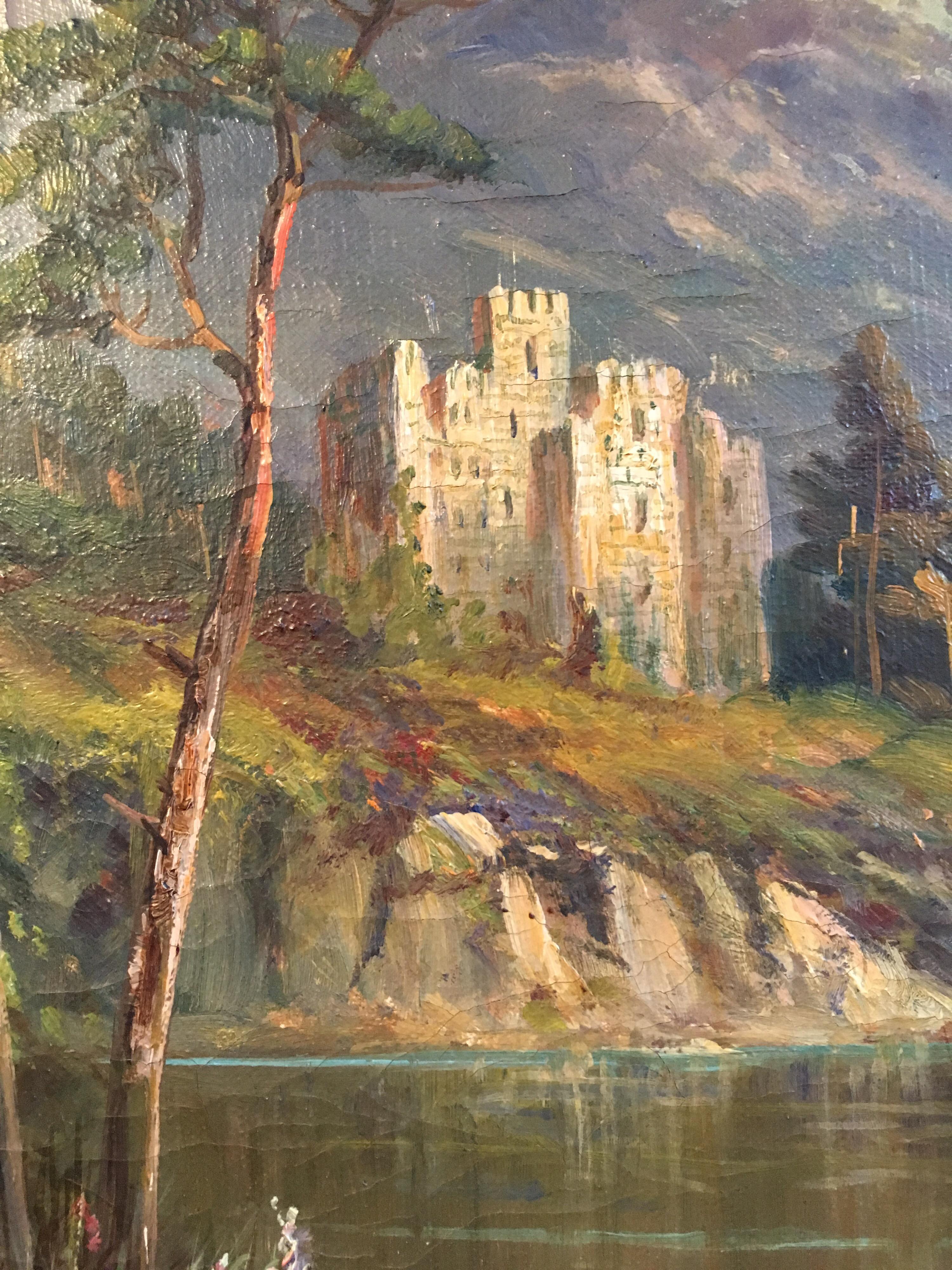 Scottish Highlands Loch Scene with Ancient Castle, signed antique oil painting - Victorian Painting by Francis E. Jamieson