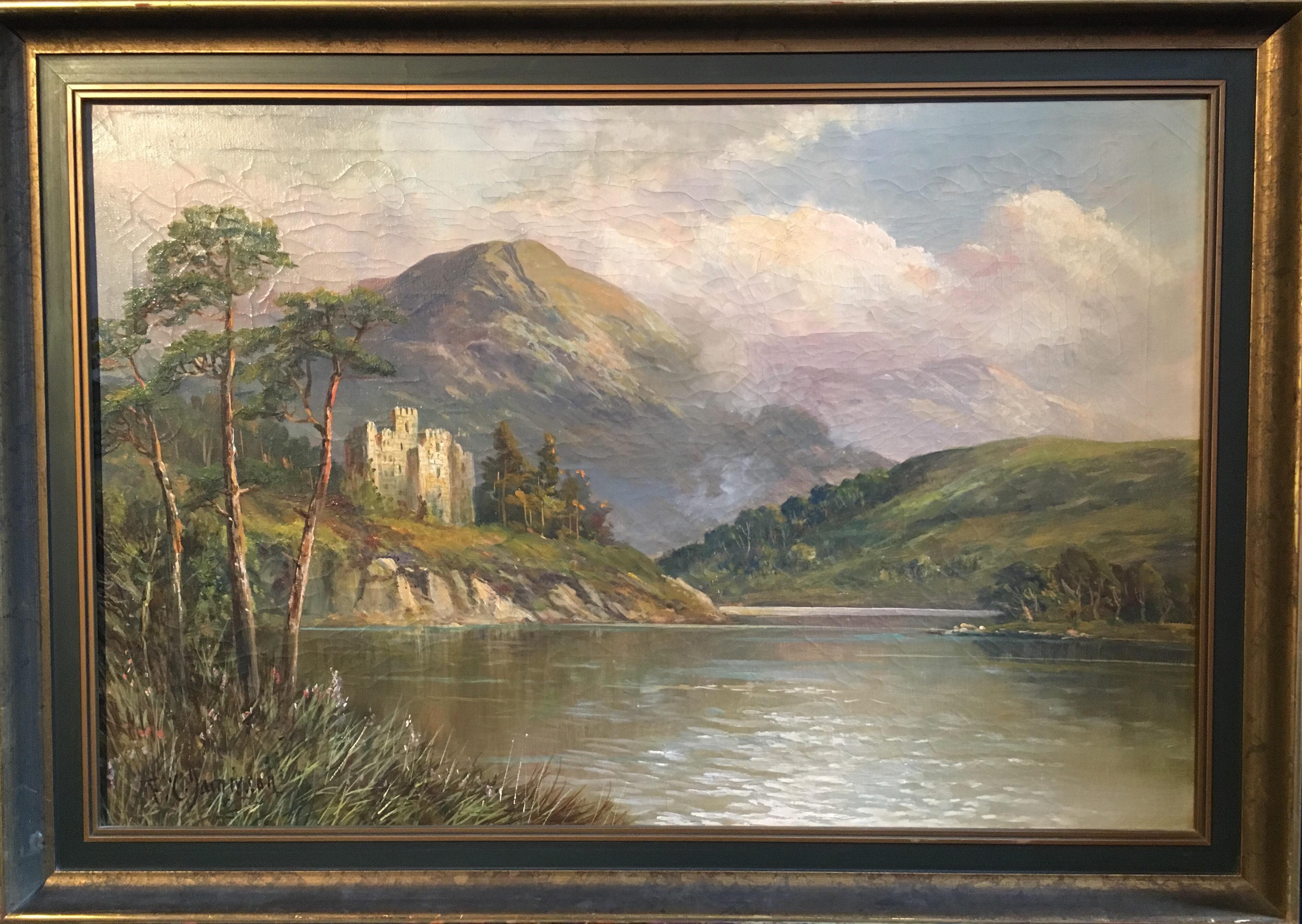 Francis E. Jamieson Landscape Painting - Scottish Highlands Loch Scene with Ancient Castle, signed antique oil painting