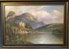 Scottish Highlands Loch Scene with Ancient Castle, signed antique oil painting