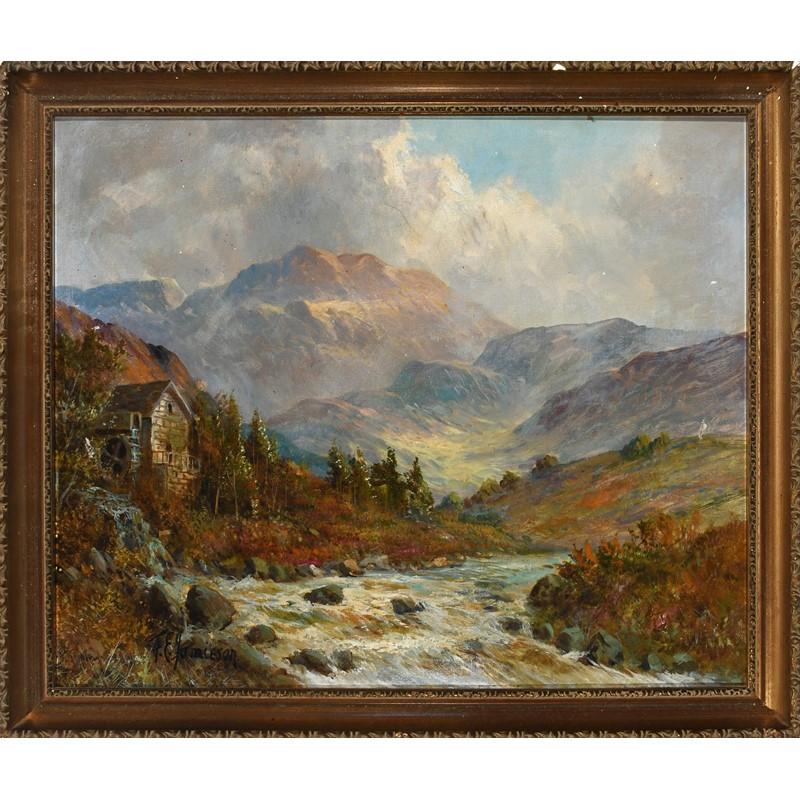  Scottish Highlands Mountainous river landscape with a watermill, signed oil  - Painting by Francis E. Jamieson
