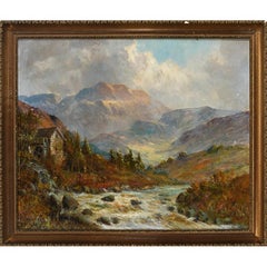 Scottish Highlands Mountainous river landscape with a watermill, signed oil