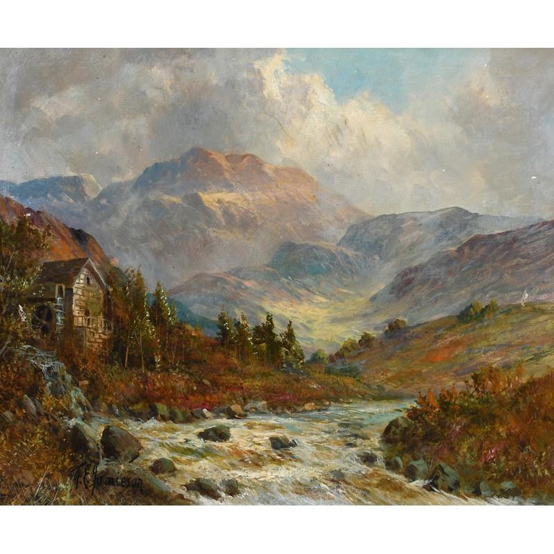 Francis E. Jamieson Landscape Painting -  Scottish Highlands Mountainous river landscape with a watermill, signed oil 