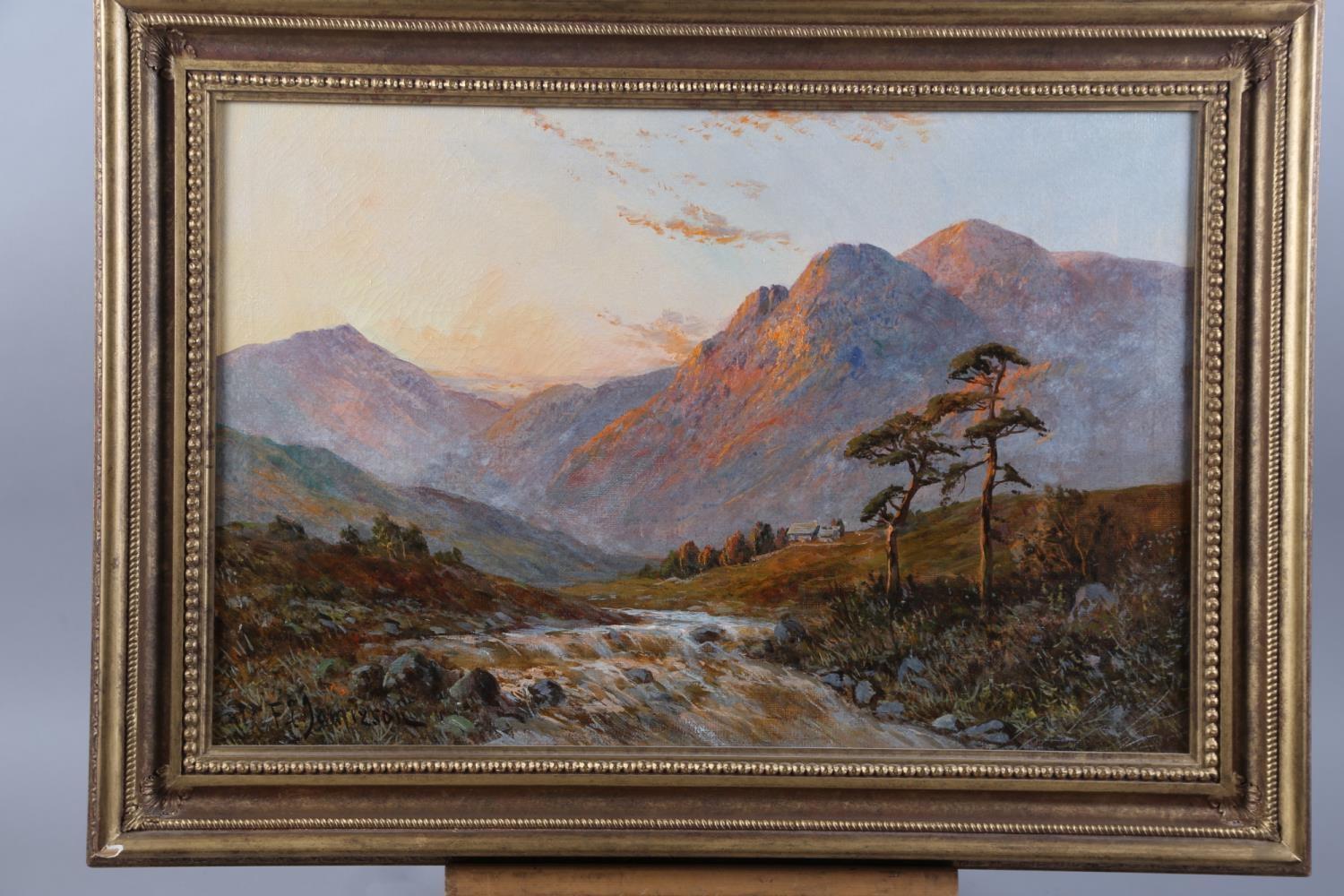Francis E. Jamieson Landscape Painting -  Scottish Highlands River Valley at Sunset, signed antique oil painting