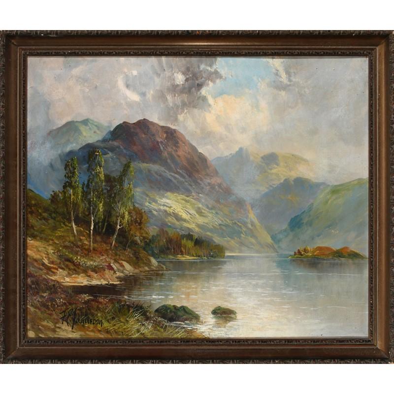  Scottish Highlands Summer Loch Scene, signed antique oil painting - Painting by Francis E. Jamieson