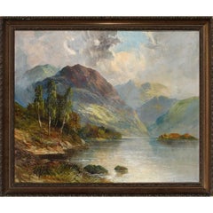 Scottish Highlands Summer Loch Scene, signed antique oil painting