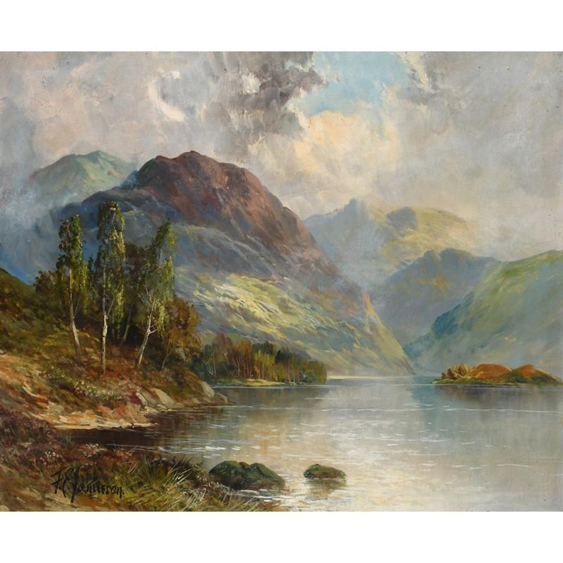 Landscape Painting de Francis E. Jamieson - Escena de verano en un lago de las Tierras Altas escocesas, óleo antiguo firmado