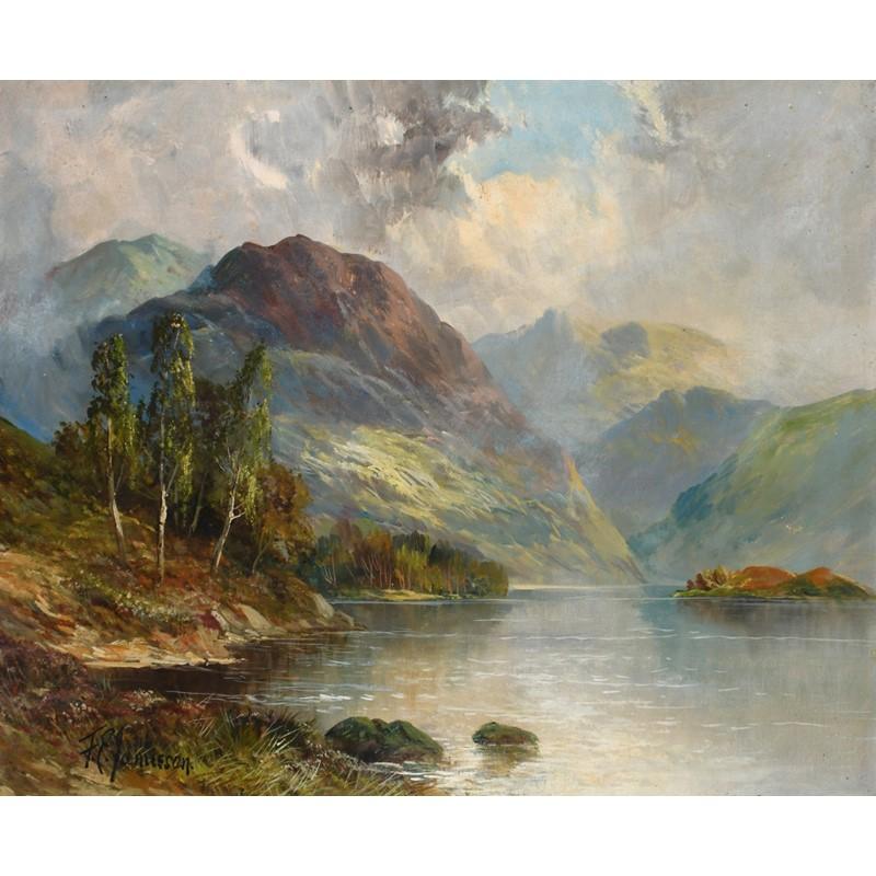 Francis E. Jamieson Landscape Painting -  Scottish Highlands Summer Loch Scene, signed antique oil painting