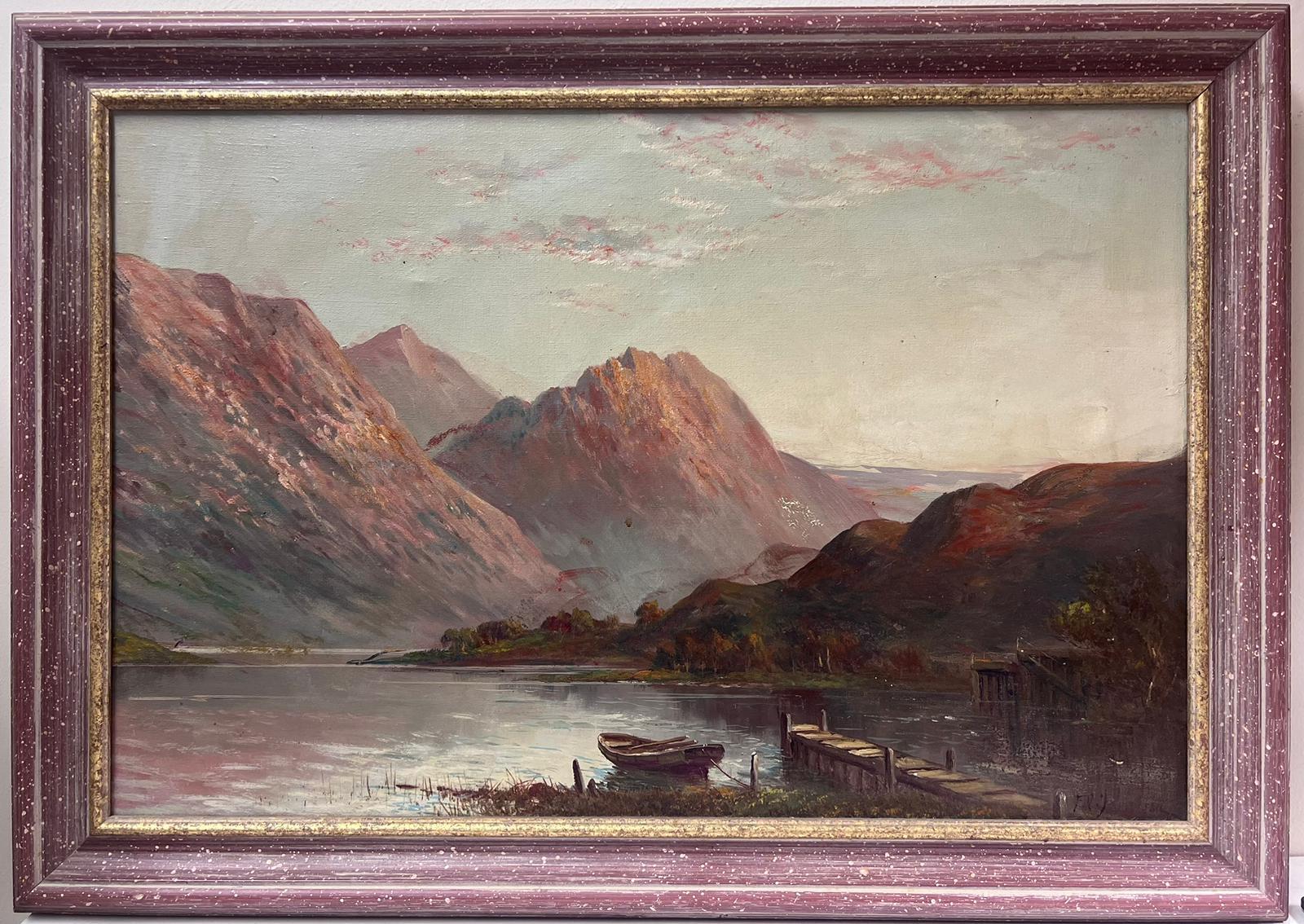 Sunset over Scottish Highland Loch Rowing Boat by Jetty Signed Antique Oil  - Painting by Francis E. Jamieson