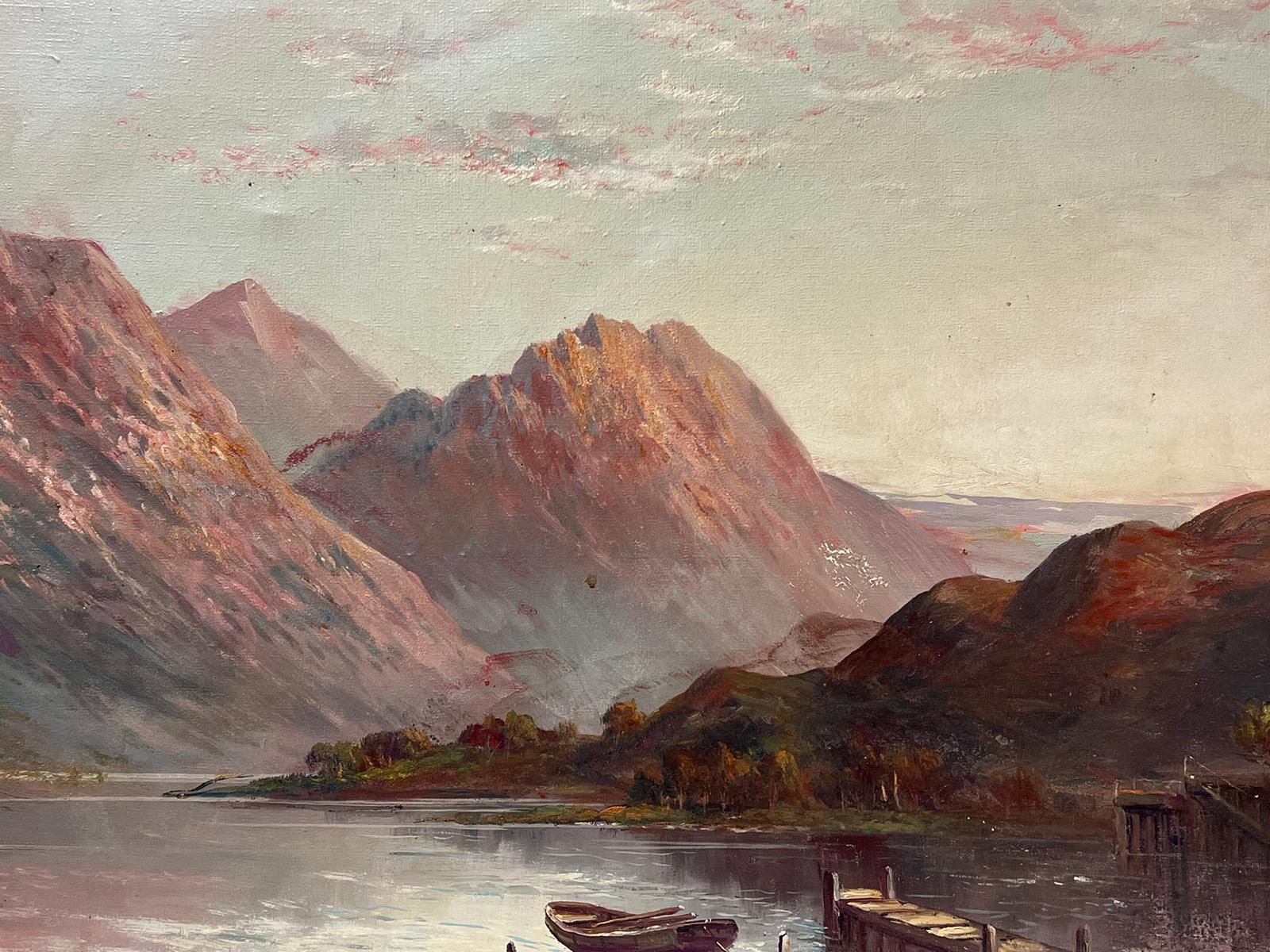 Sunset over Scottish Highland Loch Rowing Boat by Jetty Signed Antique Oil  - Victorian Painting by Francis E. Jamieson