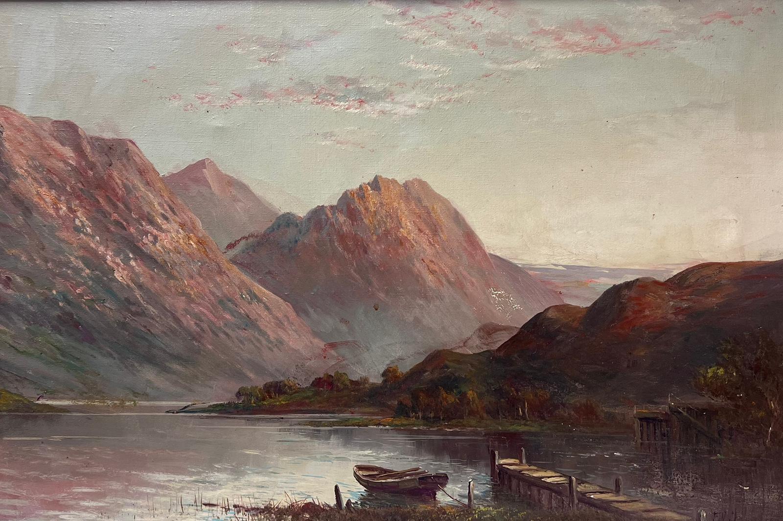 Francis E. Jamieson Landscape Painting – Sonnenuntergang über schottisches Lochrudernboot von Jetty, signiertes antikes Ölgemälde 