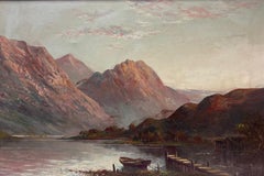 Sunset over Scottish Highland Loch Rowing Boat by Jetty Signed Antique Oil 