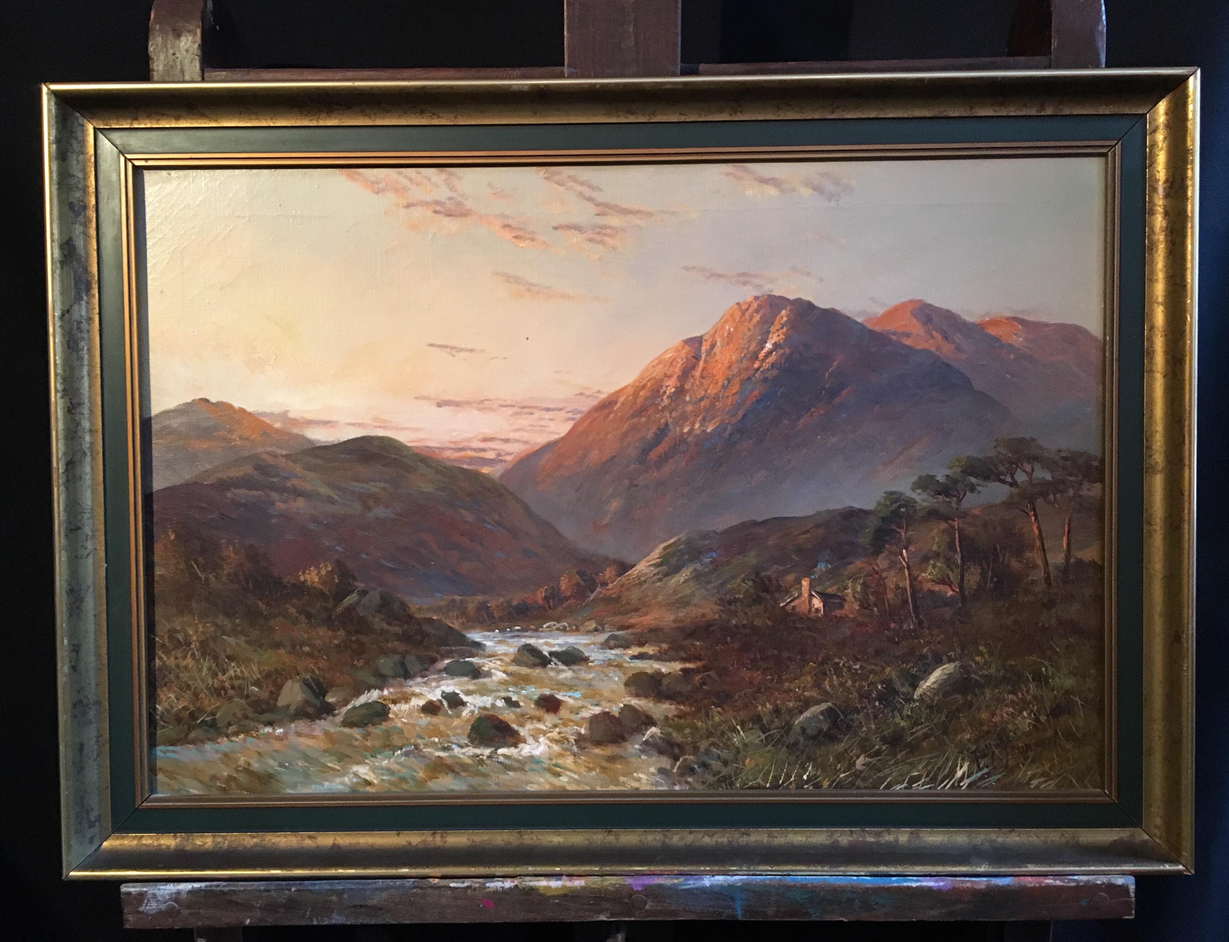Sunset over Scottish Highlands 'Allan Waters', signed oil painting - Painting by Francis E. Jamieson