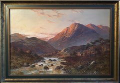 Antique Sunset over Scottish Highlands 'Allan Waters', signed oil painting