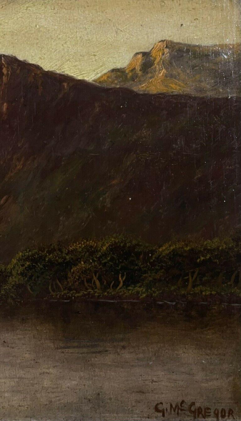 Tramonto sul Loch delle Highlands scozzesi, dipinto a olio d'epoca firmato in vendita 1