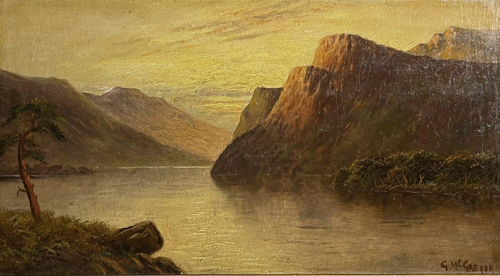 Landscape Painting de Francis E. Jamieson - Puesta de sol sobre el lago de las Highlands escocesas, óleo antiguo firmado