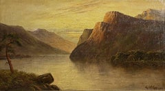 Sunset over the Scottish Highland Loch, signed antique oil painting