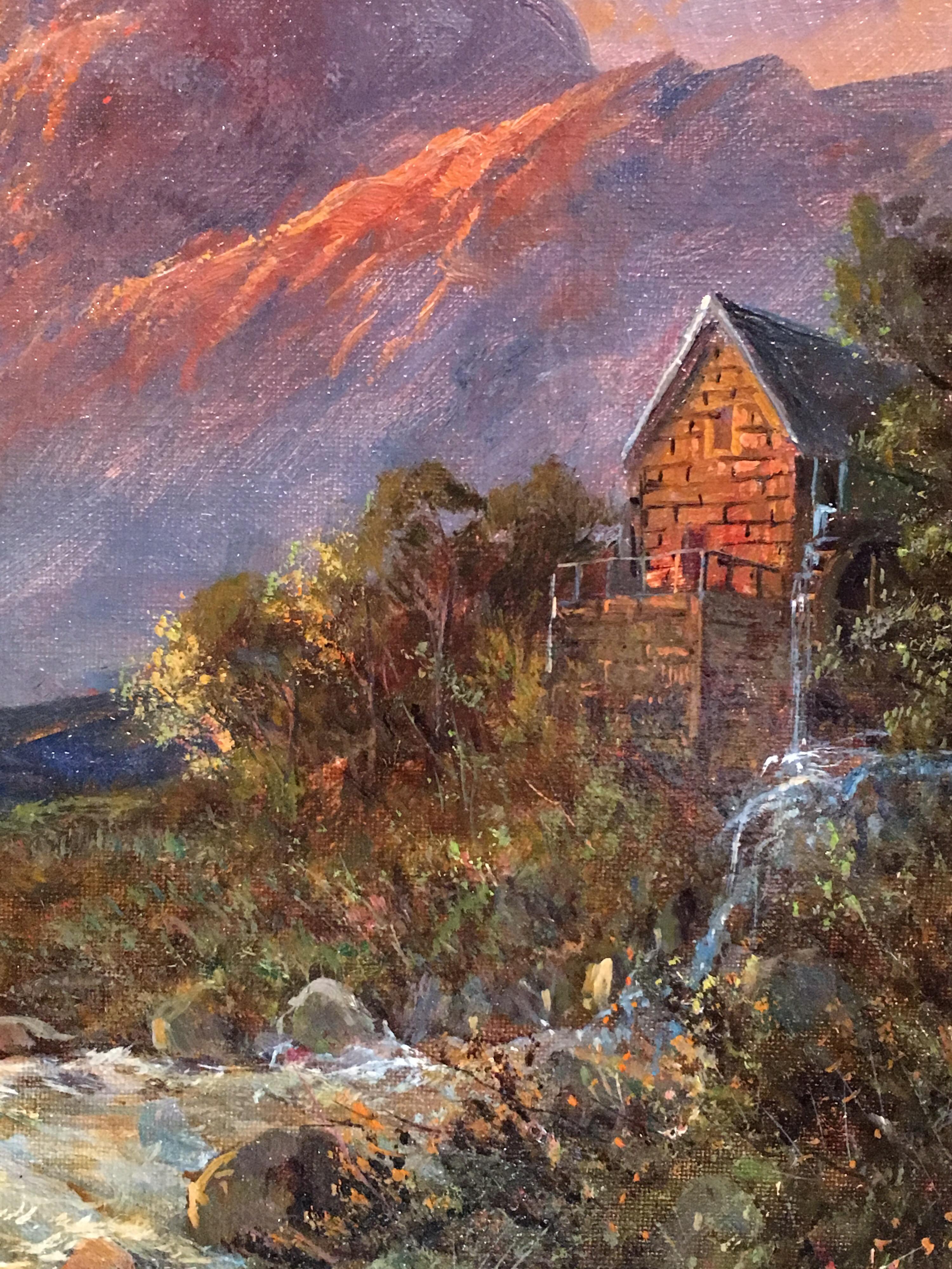 The Old Mill, Allan Water, Sunset Antique Scottish Oil Painting, Signed - Black Landscape Painting by Francis E. Jamieson