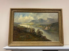 Very Large Antique Scottish Highlands Extensive Loch Scene Oil Painting
