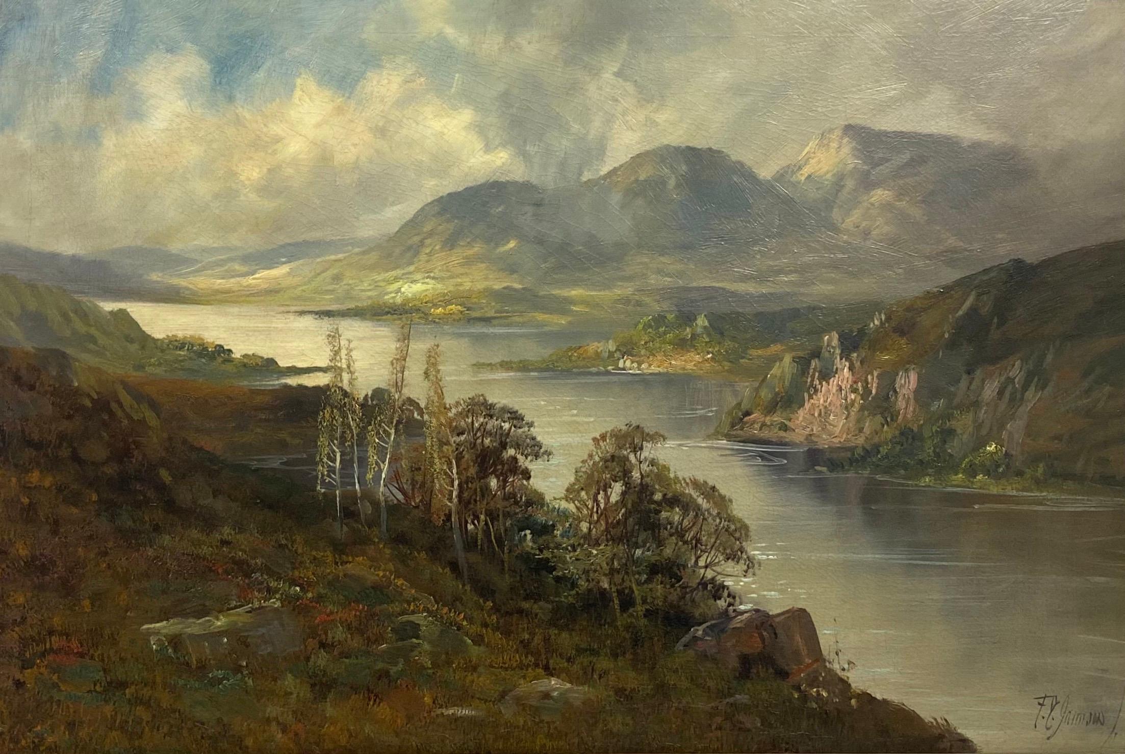 Francis E. Jamieson Figurative Painting - Very Large Antique Scottish Highlands Extensive Loch Scene Oil Painting 