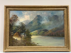 Very Large Antique Scottish Highlands Oil Painting The Loch Keepers Cottage