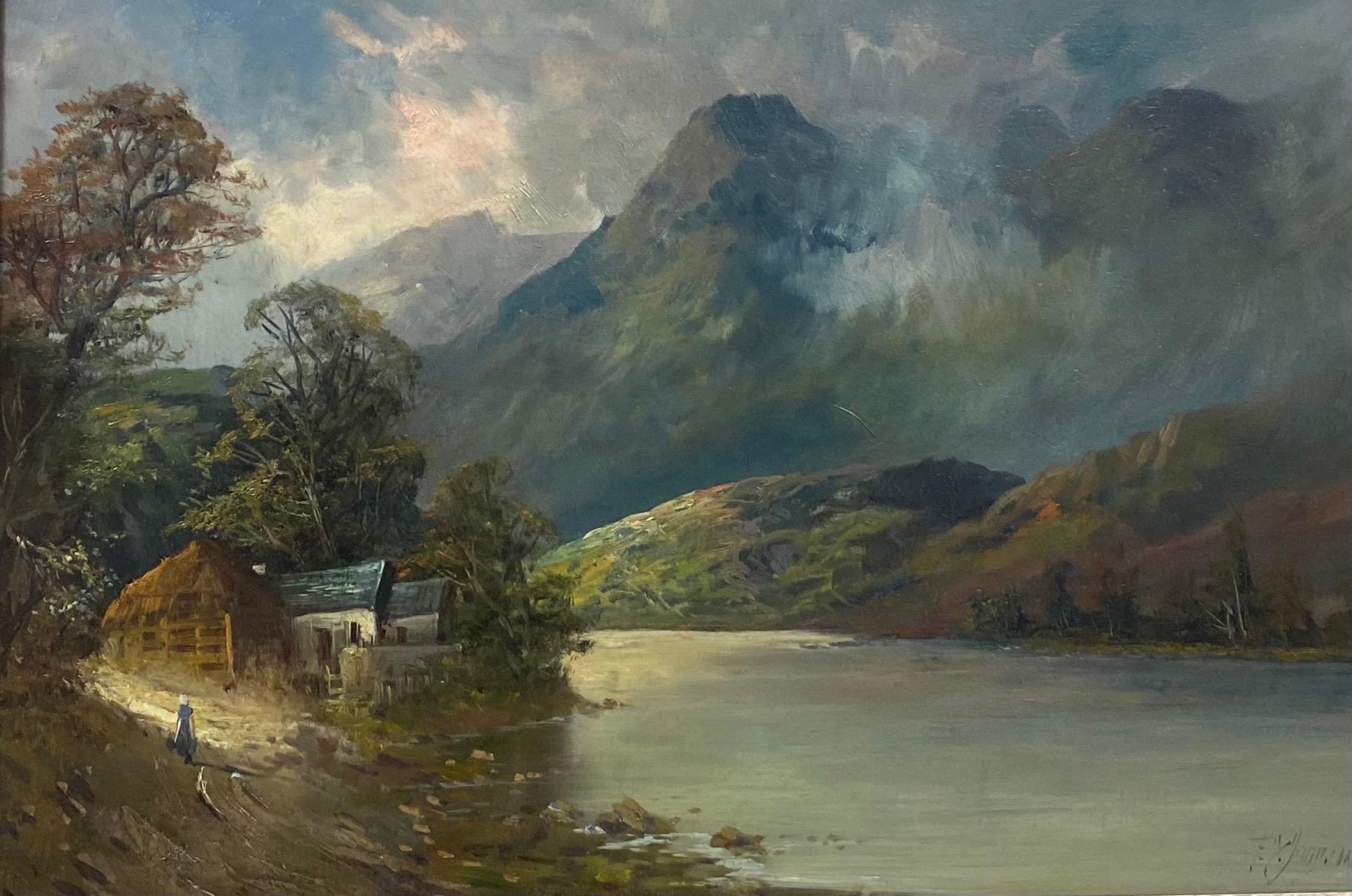 Francis E. Jamieson Landscape Painting - Very Large Antique Scottish Highlands Oil Painting The Loch Keepers Cottage
