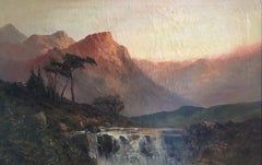 Waterfall at Sunset, Scottish Highlands Antique Oil Painting