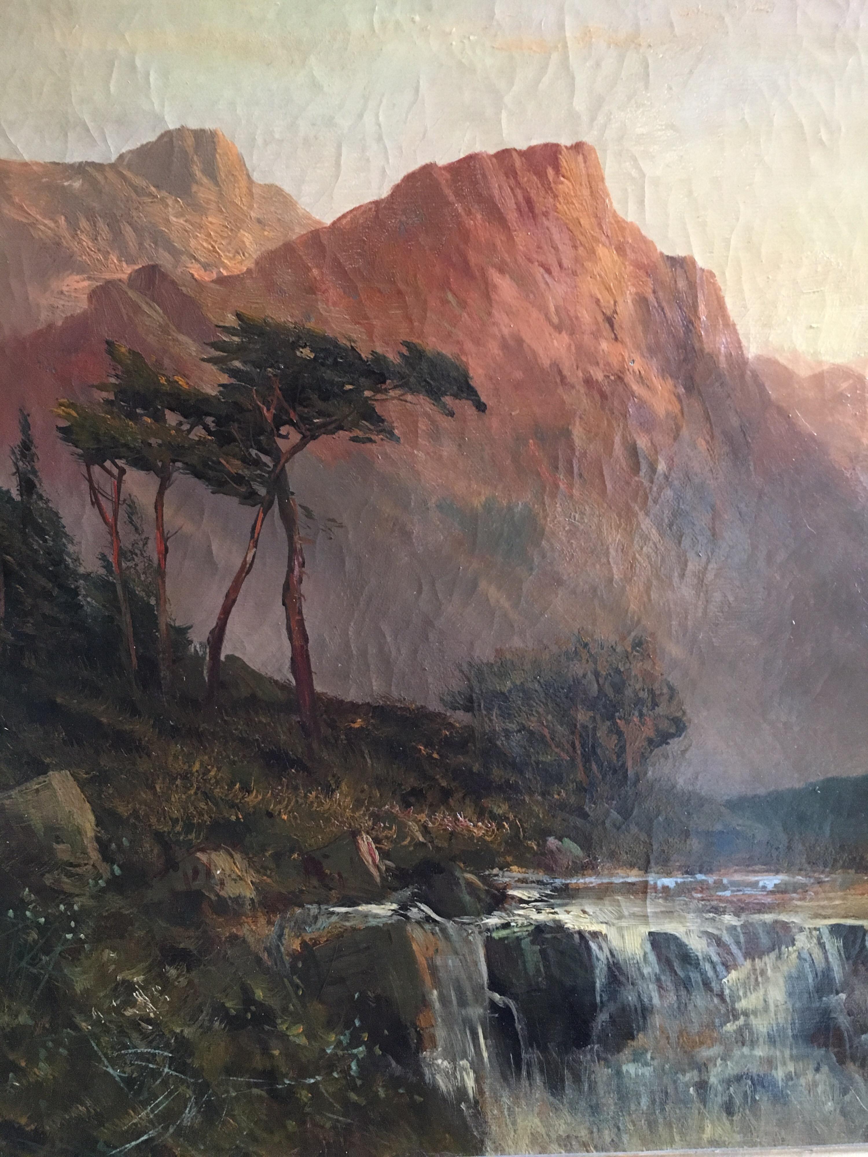 Waterfall at Sunset
by F. E. Jamieson (British 1895-1950)
Signed on the lower right hand corner
oil painting on canvas, framed
canvas: 20 x 30 inches
framed size: 24 x 34 inches

Fine quality antique oil painting by the much admired and celebrated