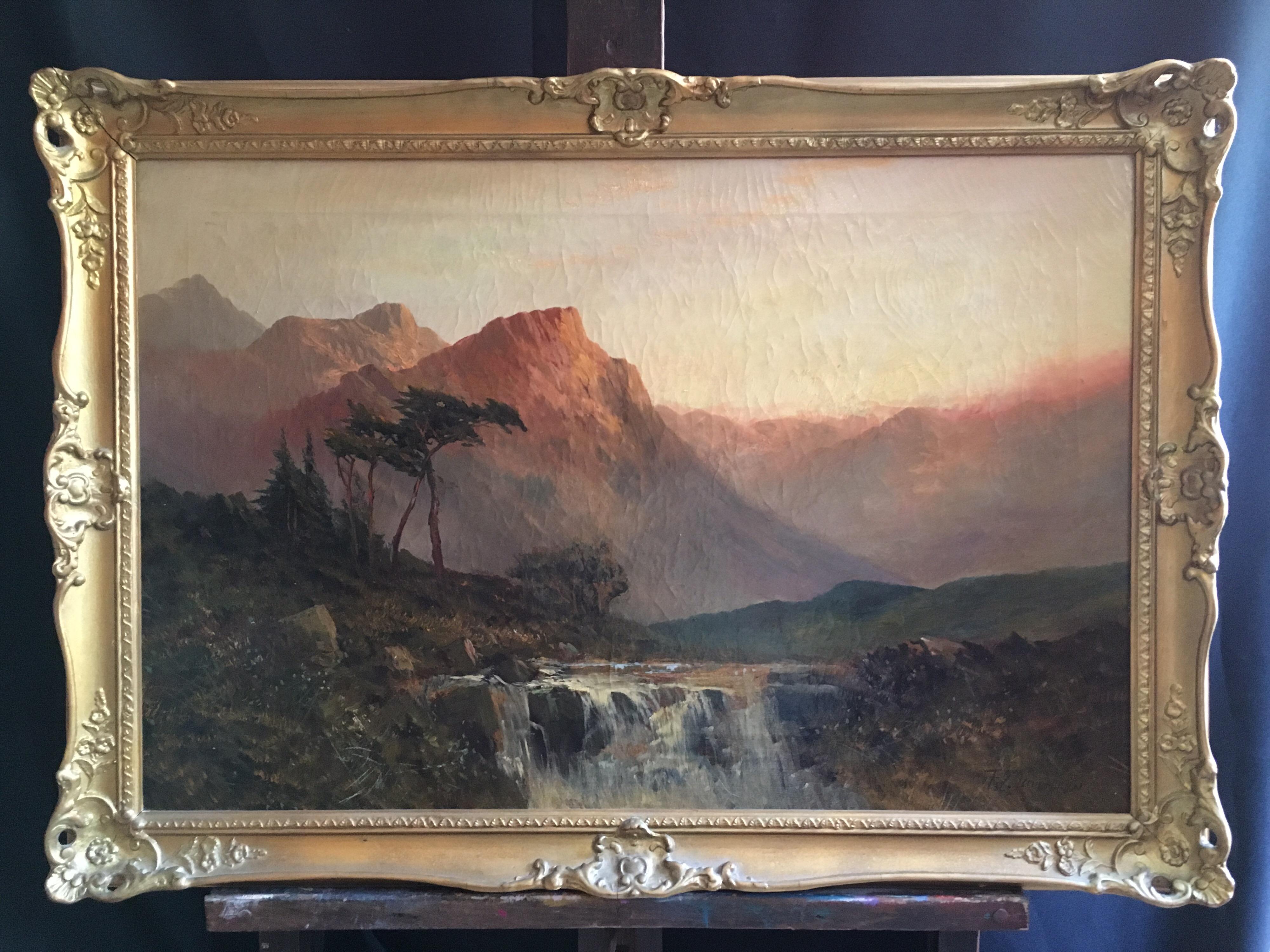 Francis E. Jamieson Still-Life Painting - Waterfall at Sunset, Scottish Highlands Antique Oil Painting