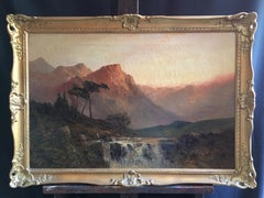 Waterfall at Sunset, Scottish Highlands Antique Oil Painting