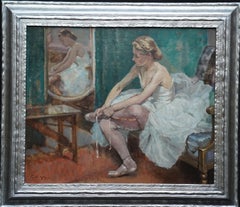 Ballerina in Dressing Room - British 40's exhib art ballet portrait oil painting
